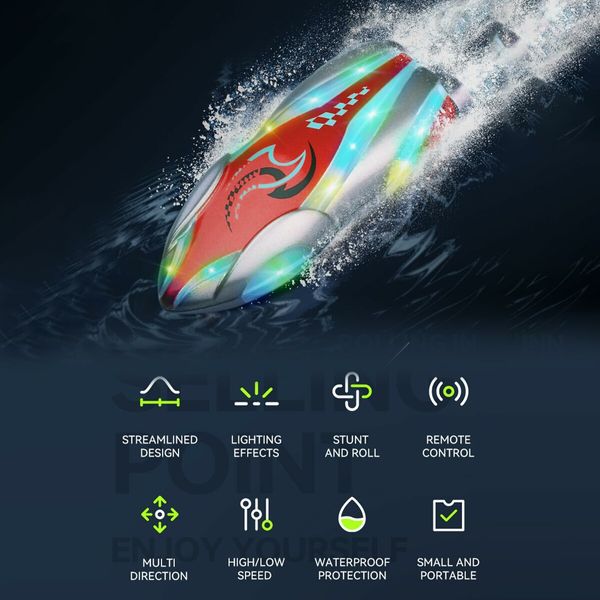 Mini High Speed RC Boat Remote Control LED Lights 360 Degree Rotation Pool Water Toy Gifts for Boys Girls Color Red