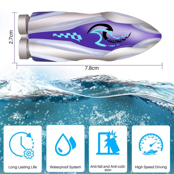 Mini High Speed RC Boat Remote Control LED Lights 360 Degree Rotation Pool Water Toy Gifts for Boys Girls Color Purple