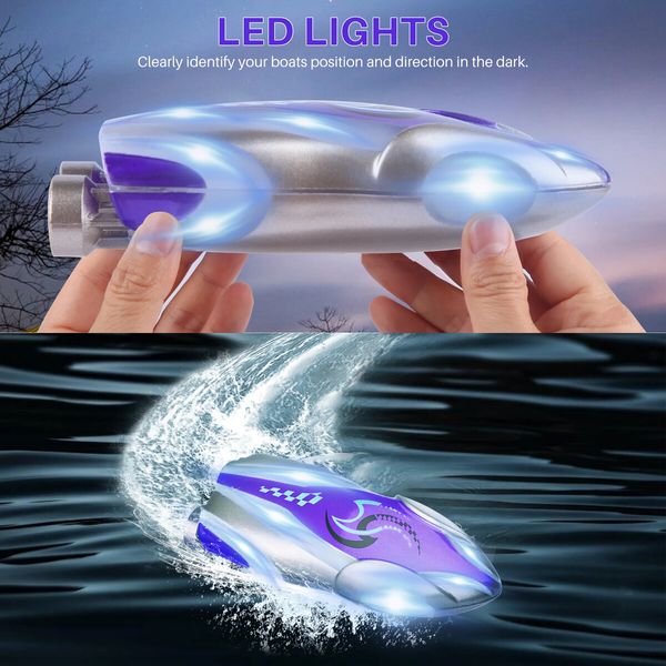 Mini High Speed RC Boat Remote Control LED Lights 360 Degree Rotation Pool Water Toy Gifts for Boys Girls Color Purple