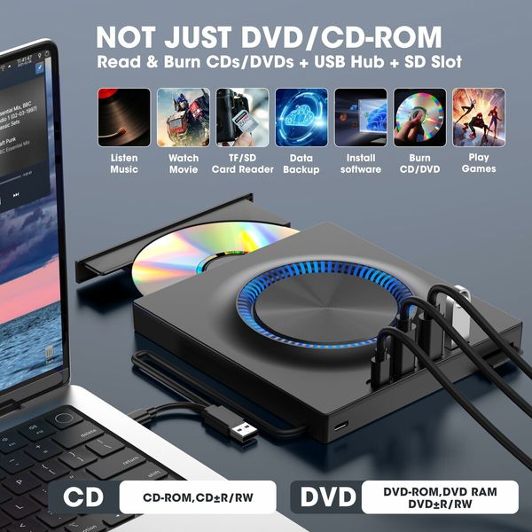 External CD DVD Drive USB 3.0 USB-C Hub SD Card Slot Portable CD DVD ROM RW Disk Player Burner Reader Writer for Laptop Mac PC Windows Linux