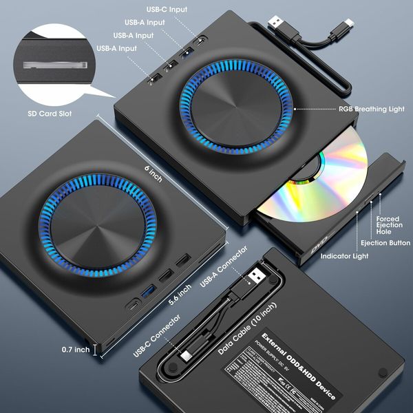 External CD DVD Drive USB 3.0 USB-C Hub SD Card Slot Portable CD DVD ROM RW Disk Player Burner Reader Writer for Laptop Mac PC Windows Linux