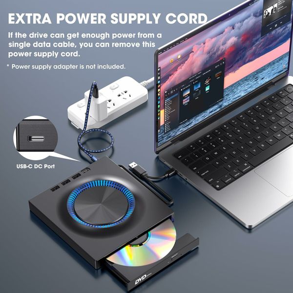 External CD DVD Drive USB 3.0 USB-C Hub SD Card Slot Portable CD DVD ROM RW Disk Player Burner Reader Writer for Laptop Mac PC Windows Linux