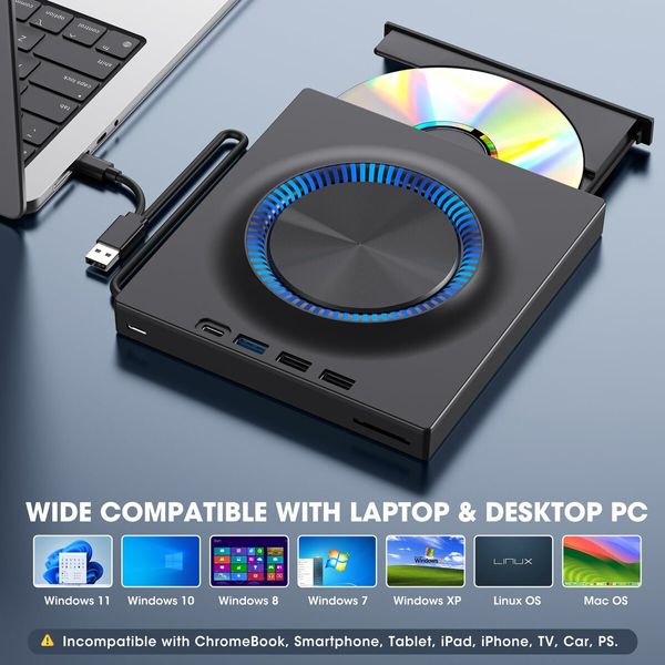 External CD DVD Drive USB 3.0 USB-C Hub SD Card Slot Portable CD DVD ROM RW Disk Player Burner Reader Writer for Laptop Mac PC Windows Linux