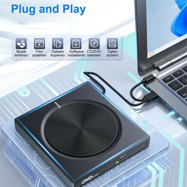 External CD DVD Drive USB 3.0 Portable 8-in-1 DVD Player Reader Writer ROM CD Burner for Laptop Desktop Mac Windows Linux