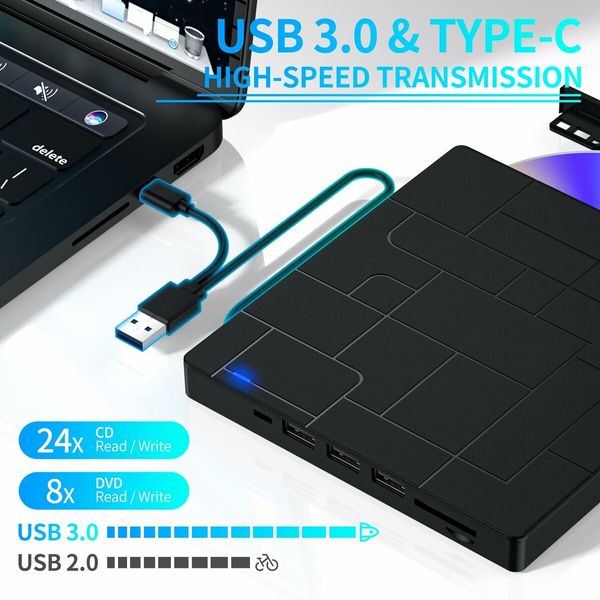 External CD DVD Drive USB 3.0 Slim Portable 7-in-1 DVD Player CD ROM Burner Writer for Laptop Desktop PC Windows Mac Linux