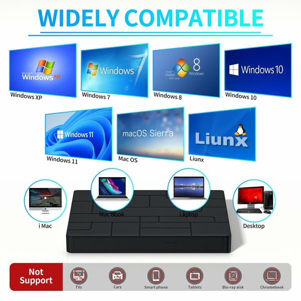 External CD DVD Drive USB 3.0 Slim Portable 7-in-1 DVD Player CD ROM Burner Writer for Laptop Desktop PC Windows Mac Linux