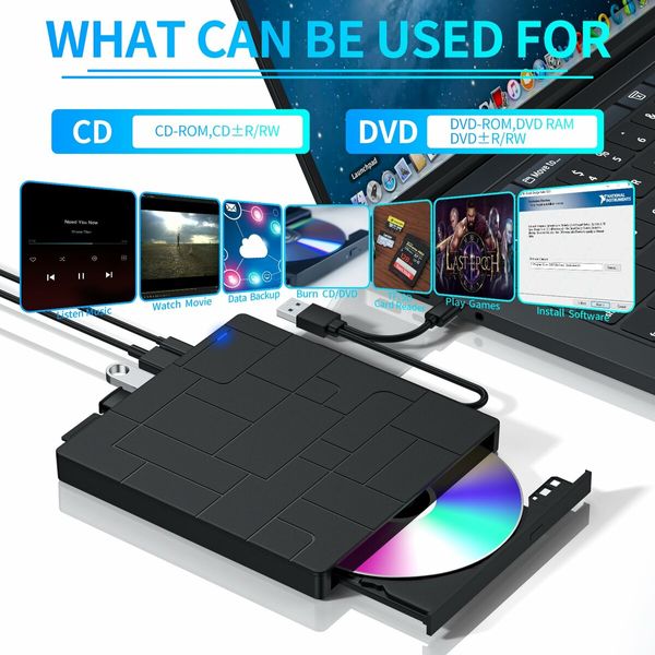 External CD DVD Drive USB 3.0 Slim Portable 7-in-1 DVD Player CD ROM Burner Writer for Laptop Desktop PC Windows Mac Linux