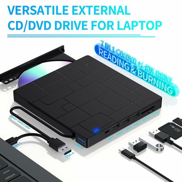 External CD DVD Drive USB 3.0 Slim Portable 7-in-1 DVD Player CD ROM Burner Writer for Laptop Desktop PC Windows Mac Linux