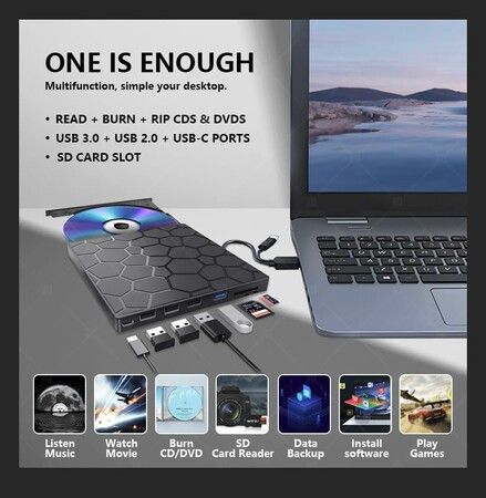 Portable External CD DVD Drive USB 3.0 7-in-1 CD DVD-ROM RW Burner Player for Laptop Desktop Mac Windows Linux