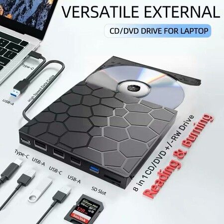 Portable External CD DVD Drive USB 3.0 7-in-1 CD DVD-ROM RW Burner Player for Laptop Desktop Mac Windows Linux