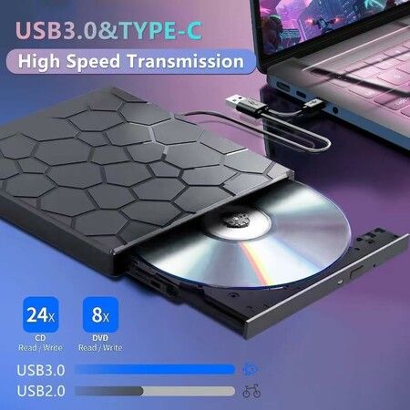 Portable External CD DVD Drive USB 3.0 7-in-1 CD DVD-ROM RW Burner Player for Laptop Desktop Mac Windows Linux