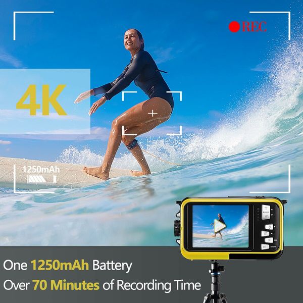 4K Underwater  Camera  Waterproof  32GB Card 48MP Autofocus Selfie Dual Screen Underwater Cameras for Snorkeling Digital Camera Birthday Christmas Holiday Gifts Yellow