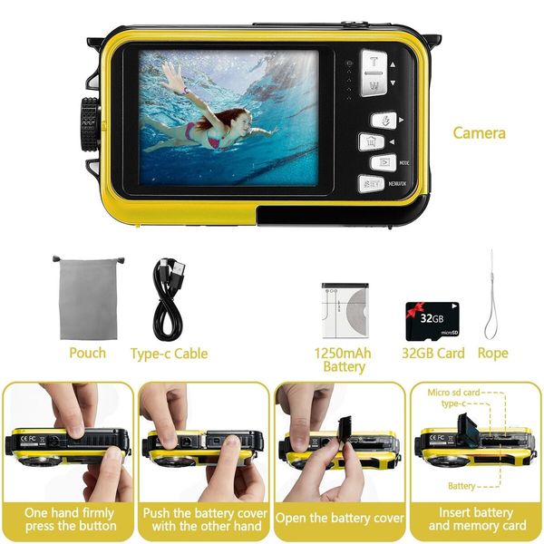 4K Underwater  Camera  Waterproof  32GB Card 48MP Autofocus Selfie Dual Screen Underwater Cameras for Snorkeling Digital Camera Birthday Christmas Holiday Gifts Yellow