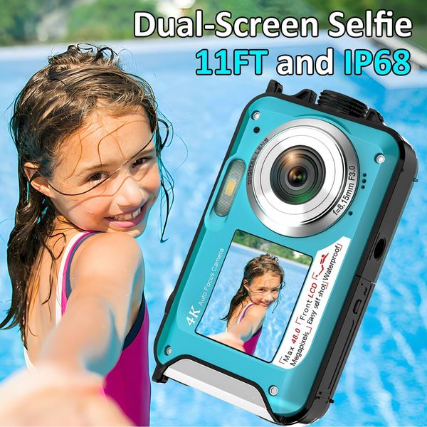 4K Underwater Camera 11FT Waterproof Camera with 32GB Card 48MP Autofocus Dual-Screen Selfie Underwater Camera for Snorkeling Compact Floatable Digital Camera (Blue)