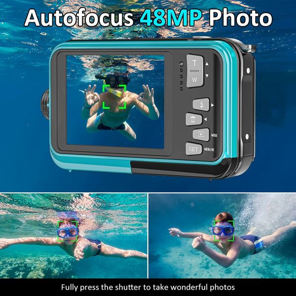 4K Underwater Camera 11FT Waterproof Camera with 32GB Card 48MP Autofocus Dual-Screen Selfie Underwater Camera for Snorkeling Compact Floatable Digital Camera (Blue)