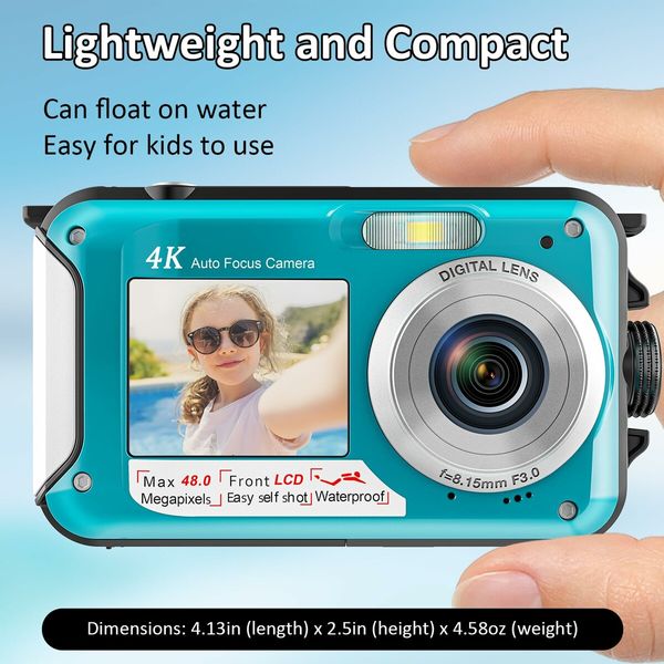 4K Underwater Camera 11FT Waterproof Camera with 32GB Card 48MP Autofocus Dual-Screen Selfie Underwater Camera for Snorkeling Compact Floatable Digital Camera (Blue)