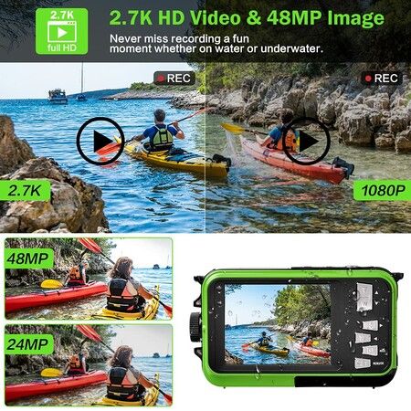 Waterproof Digital Camera Underwater Camera Full HD 2.7K 48 MP Video Recorder Selfie Dual Screens 16X Digital Zoom Flashlight Waterproof Camera (Green)