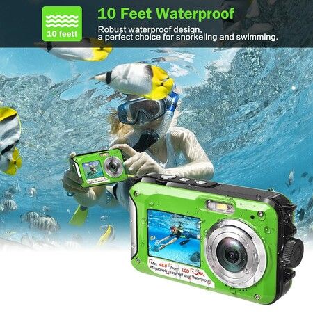 Waterproof Digital Camera Underwater Camera Full HD 2.7K 48 MP Video Recorder Selfie Dual Screens 16X Digital Zoom Flashlight Waterproof Camera (Green)