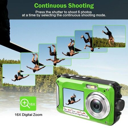 Waterproof Digital Camera Underwater Camera Full HD 2.7K 48 MP Video Recorder Selfie Dual Screens 16X Digital Zoom Flashlight Waterproof Camera (Green)