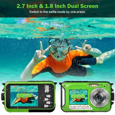 Waterproof Digital Camera Underwater Camera Full HD 2.7K 48 MP Video Recorder Selfie Dual Screens 16X Digital Zoom Flashlight Waterproof Camera (Green)