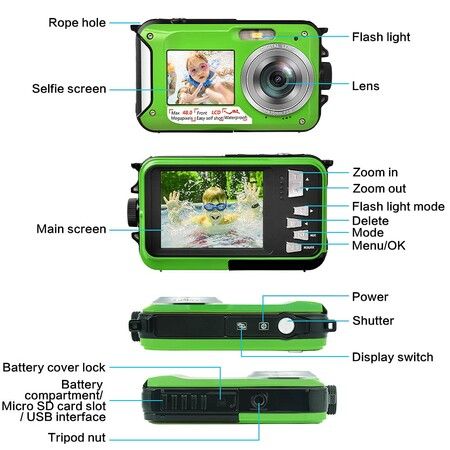 Waterproof Digital Camera Underwater Camera Full HD 2.7K 48 MP Video Recorder Selfie Dual Screens 16X Digital Zoom Flashlight Waterproof Camera (Green)