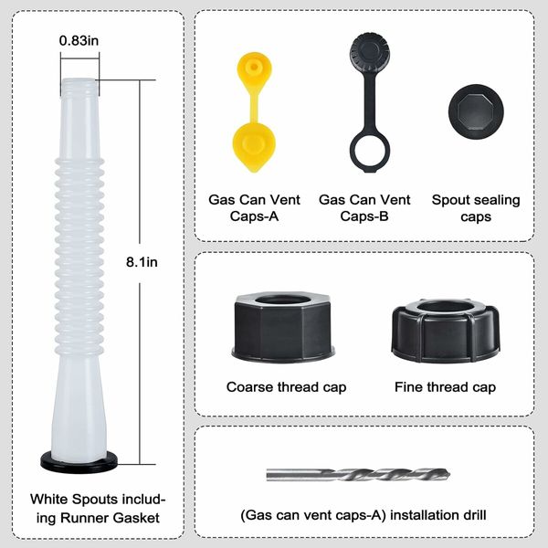 3 Kit Gas Can Spout Replacement, Gas Can Nozzle with 6 Screw Collar Caps, White