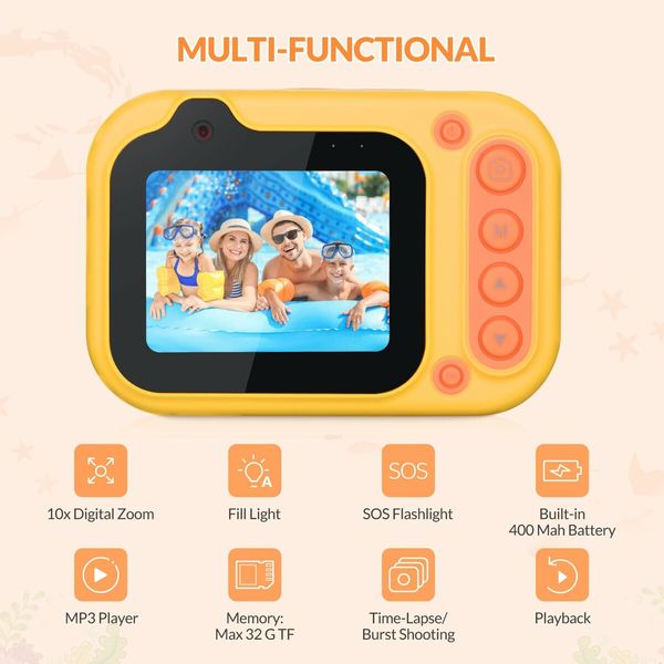 Kids Waterproof Digital Camera Underwater Camera for Snorkeling and Diving with 2.4In IPS Display USB Rechargeable Digital Camera for Videos and Photos with 32GB Card Yellow