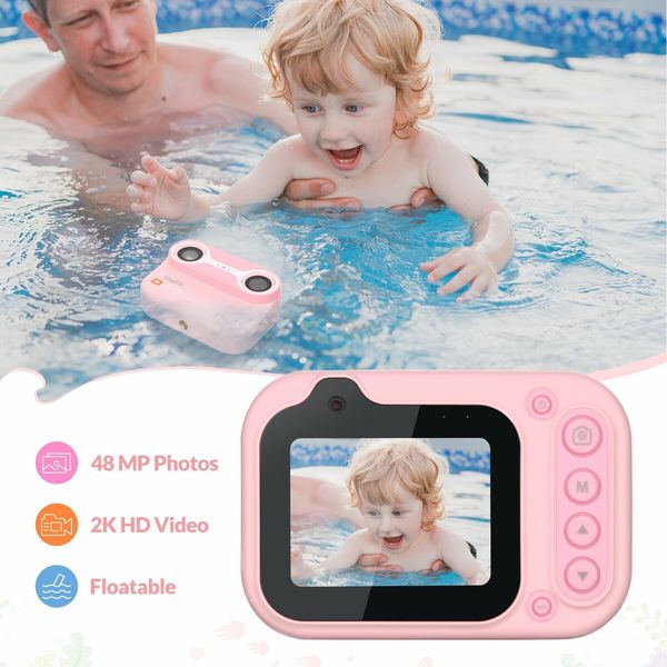 Kids Waterproof Digital Camera Underwater Camera with 2.4In IPS Display USB Rechargeable Digital Camera with 32GB Card Pink