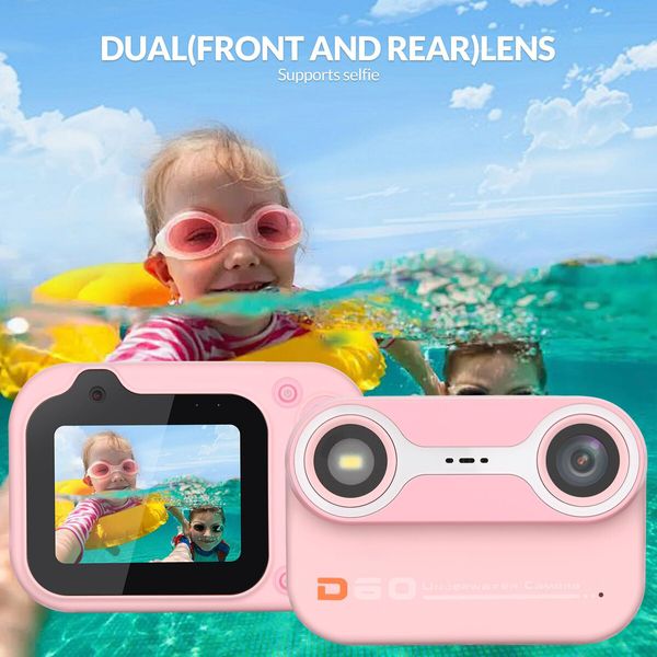 Kids Waterproof Digital Camera Underwater Camera with 2.4In IPS Display USB Rechargeable Digital Camera with 32GB Card Pink