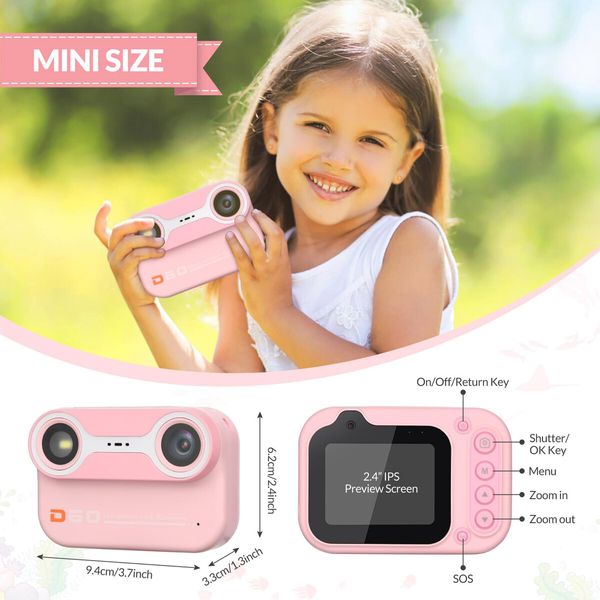 Kids Waterproof Digital Camera Underwater Camera with 2.4In IPS Display USB Rechargeable Digital Camera with 32GB Card Pink