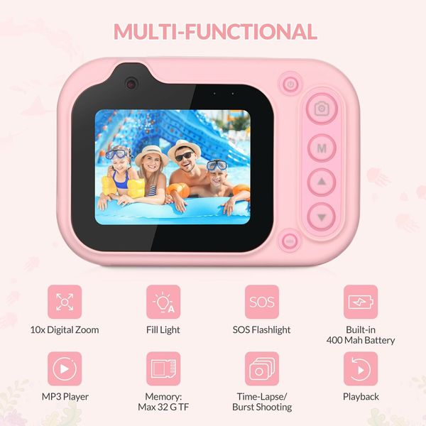 Kids Waterproof Digital Camera Underwater Camera with 2.4In IPS Display USB Rechargeable Digital Camera with 32GB Card Pink