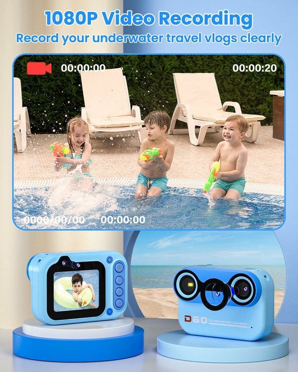 10FT Underwater Camera,Kids Waterproof Camera,1080P Video Camera,Christmas Birthday Gifts Pool Toys Ages 3+,Toddler Digital Action Camera with 32GB Card (Blue)