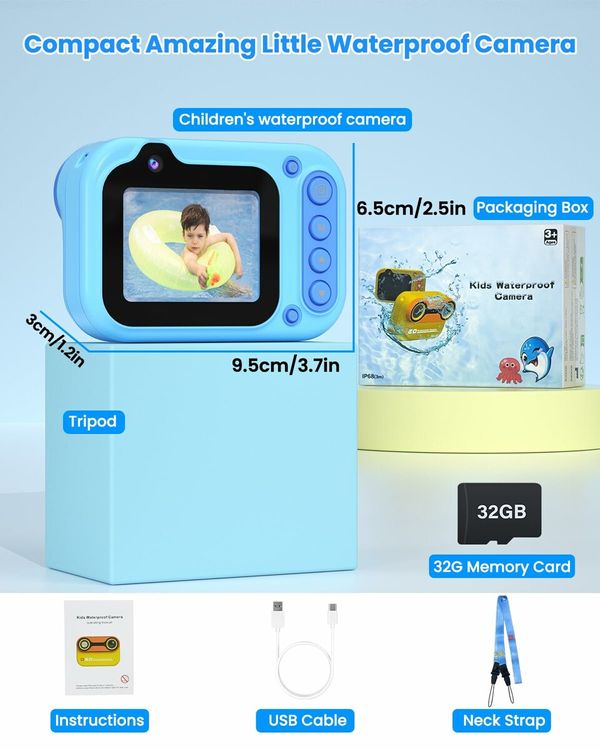 10FT Underwater Camera,Kids Waterproof Camera,1080P Video Camera,Christmas Birthday Gifts Pool Toys Ages 3+,Toddler Digital Action Camera with 32GB Card (Blue)