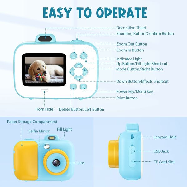 Kids Camera Instant Print for Age 3+,12MP 1080P Kids Digital Cameras Christmas Birthday Gifts,Toddler Camera Girls Toys (Blue)