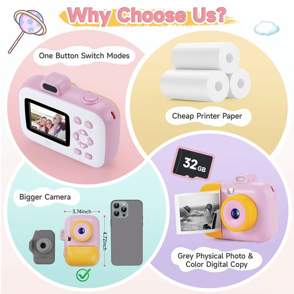 Kids Camera Instant Print for Girls Boys Age 3+ Kids Toys,12MP 1080P Kids Digital Cameras Christmas Birthday Gifts for Age3+ Girls,Toddler Camera Girls Toys (Pink)