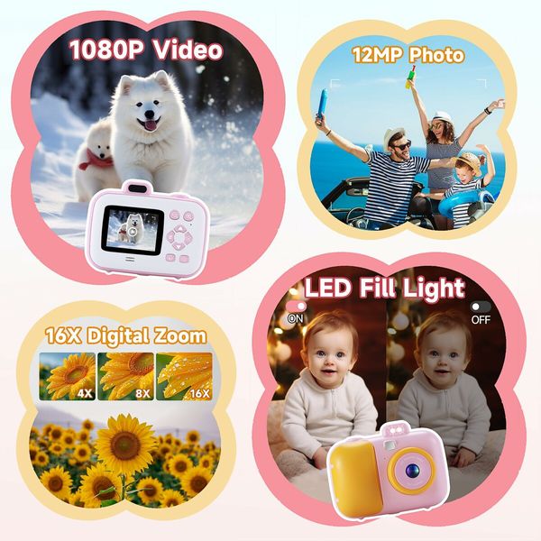 Kids Camera Instant Print for Girls Boys Age 3+ Kids Toys,12MP 1080P Kids Digital Cameras Christmas Birthday Gifts for Age3+ Girls,Toddler Camera Girls Toys (Pink)