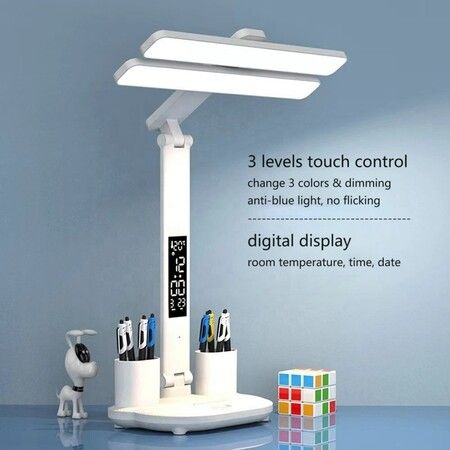 LED Desk Lamp with Fan, Foldable Table Lamp with Clock Date Pen Holder  Reading Light for Study Home Office