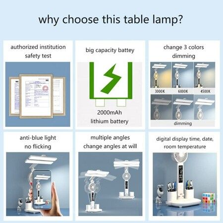 LED Desk Lamp with Fan, Foldable Table Lamp with Clock Date Pen Holder  Reading Light for Study Home Office