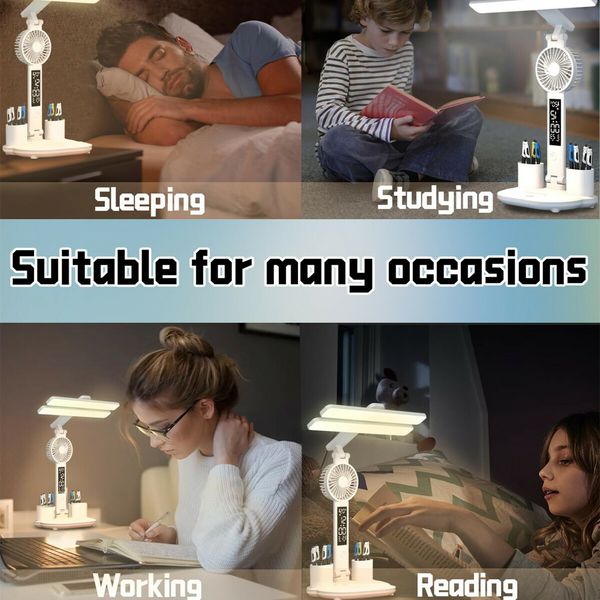 LED Desk Lamp with Fan, Foldable Table Lamp with Clock Date Pen Holder  Reading Light for Study Home Office