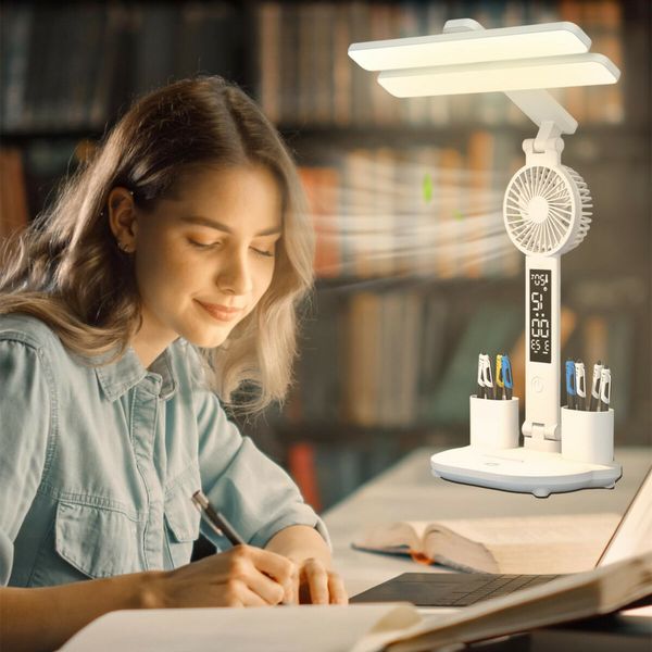 LED Desk Lamp with Fan, Foldable Table Lamp with Clock Date Pen Holder  Reading Light for Study Home Office