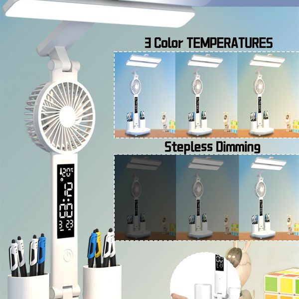 LED Desk Lamp with Fan, Foldable Table Lamp with Clock Date Pen Holder  Reading Light for Study Home Office