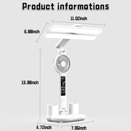 LED Desk Lamp with Fan, Foldable Table Lamp with Clock Date Pen Holder  Reading Light for Study Home Office