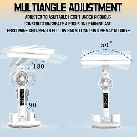 LED Desk Lamp with Fan, Foldable Table Lamp with Clock Date Pen Holder  Reading Light for Study Home Office