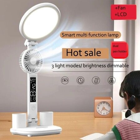 LED Desk Lamp with Fan,Adjustable Foldable Table Lamp with Clock Date Pen Holder Temperature Step-Less Dimming Eye Caring Reading Light Study Home Office