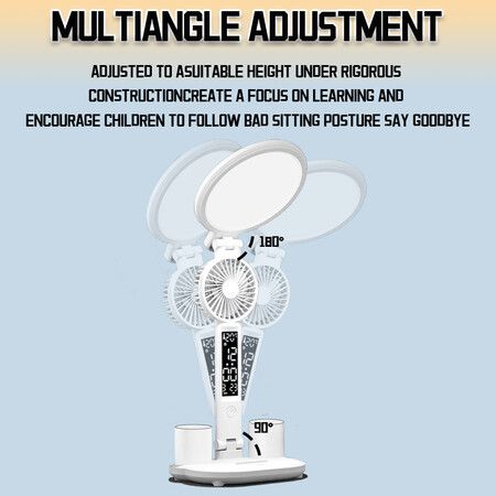 LED Desk Lamp with Fan,Adjustable Foldable Table Lamp with Clock Date Pen Holder Temperature Step-Less Dimming Eye Caring Reading Light Study Home Office