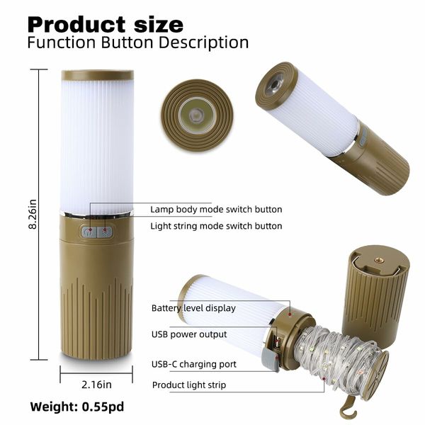 Camping Lantern 15M String 2 in 1 Outdoor RGB Lights 5 Modes Rechargeable Lamp Waterproof Portable LED Tent Light Yard Garden Decoration