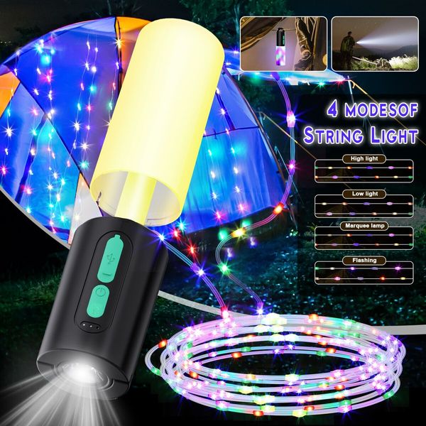 4-in-1 Camping String Lights  Lantern 7 Modes, Waterproof Rechargeable Flashlight Outdoor Hiking Decorative Lights