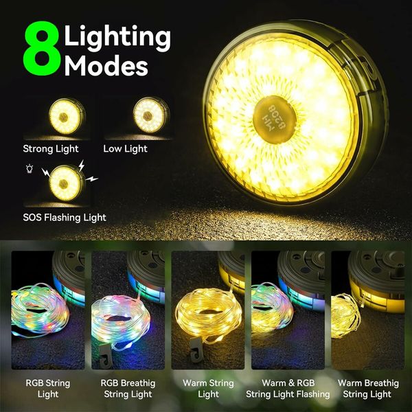 LED String Lights Camping Lantern USB Rechargeable Portable Outdoor Light 8 Lighting Modes IP67 Waterproof Tent Party Indoor Outdoor Decorating