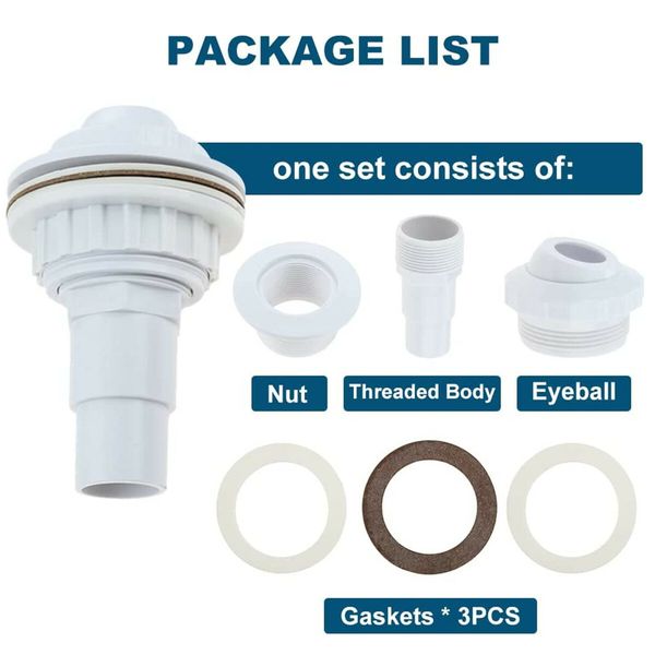 Pool Return Jet Kit Compatible for FibroPool, Eyeball Assembly, Clamp, Gaskets and PTFE Thread Tape, Compatible with above Ground Pools