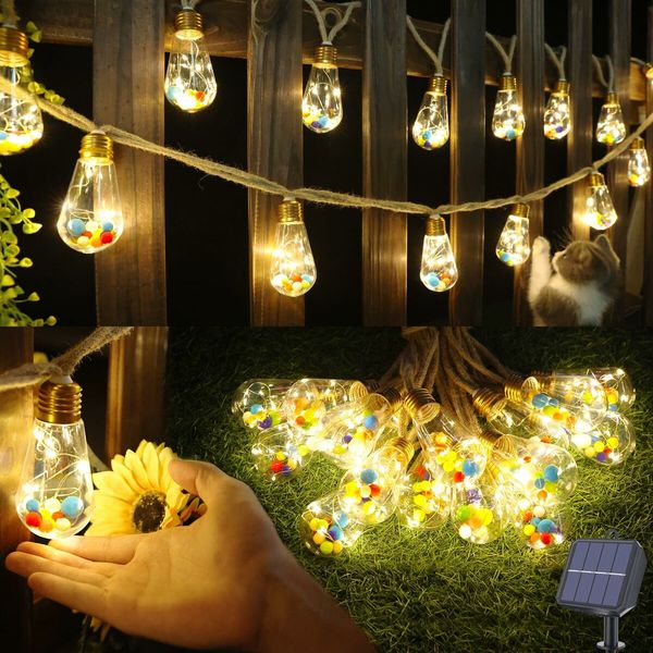 Solar Power USB rechargeable rope hemp 16 bulbs with vibrant mini fur balls Outdoor 8 Modes String Lights Garden Fence Balcony Col. Warm White